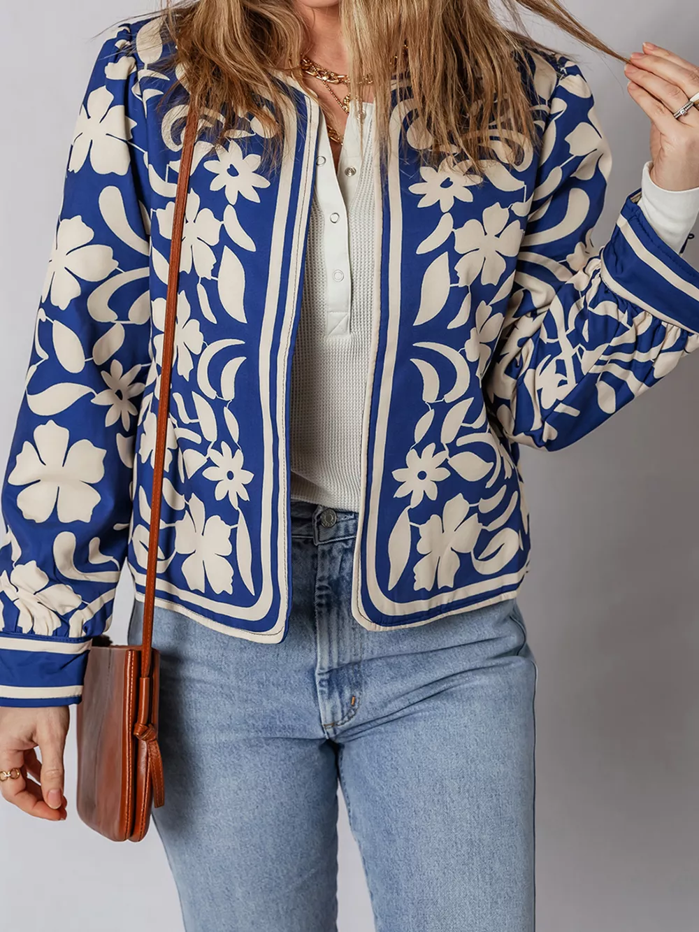 Flower Print Open Front Buttoned Cuffs Elegant Jacket, image 6
