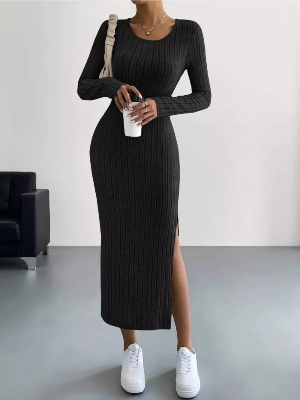 Full Size Ribbed Knit Bodycon Midi Dress Plus Size, image 3