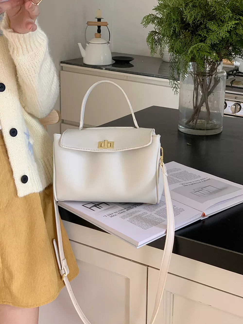 Golden Clasp Leather Crossbody Bag, image 4