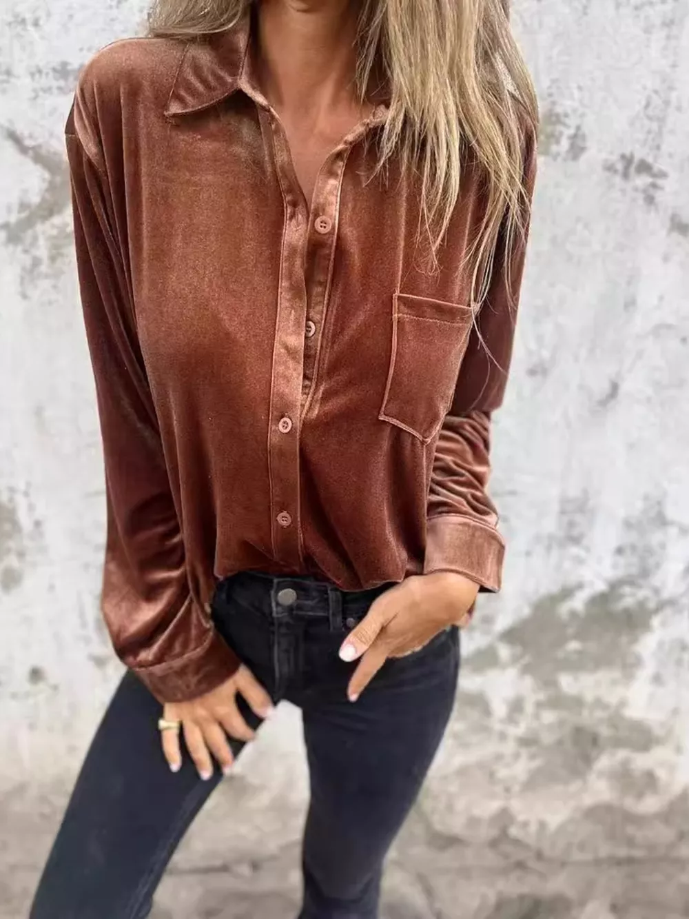 Full Size Velvet Button-Up Long Sleeve Shirt Plus Size, image 8