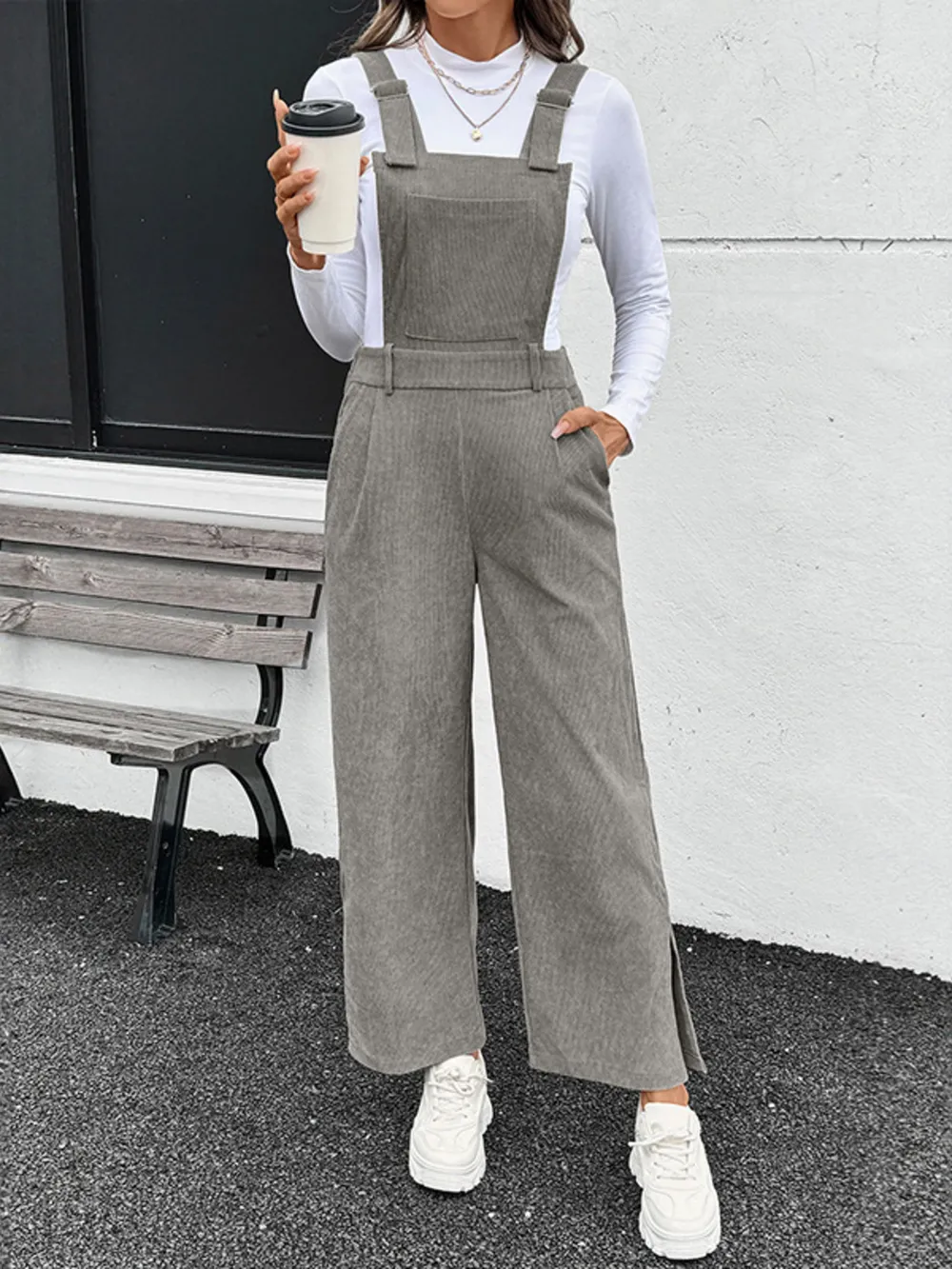 Slit Wide Leg Overalls with Pockets, image 10