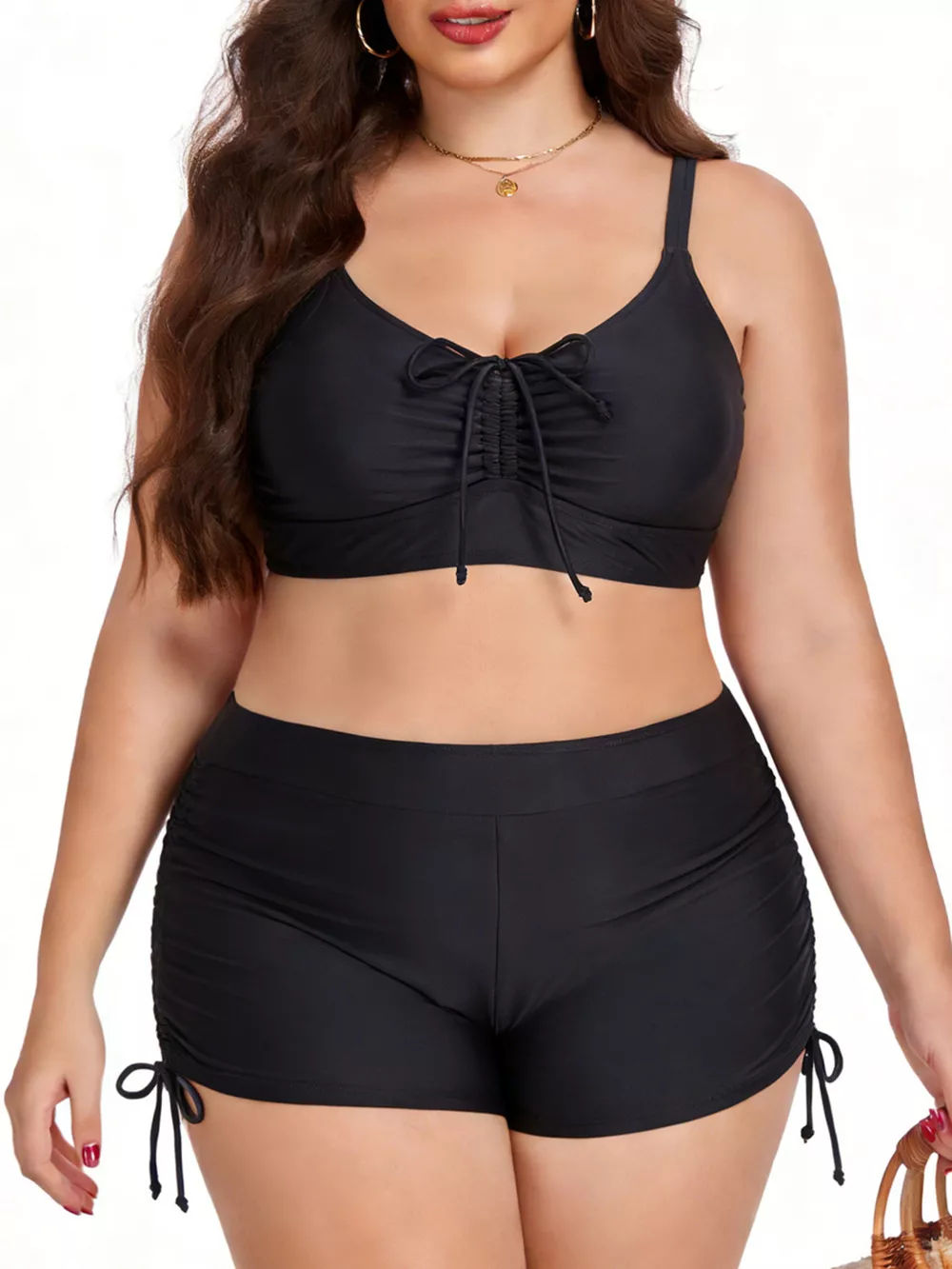 Plus Size Ruched Drawstring Swim Set, image 2