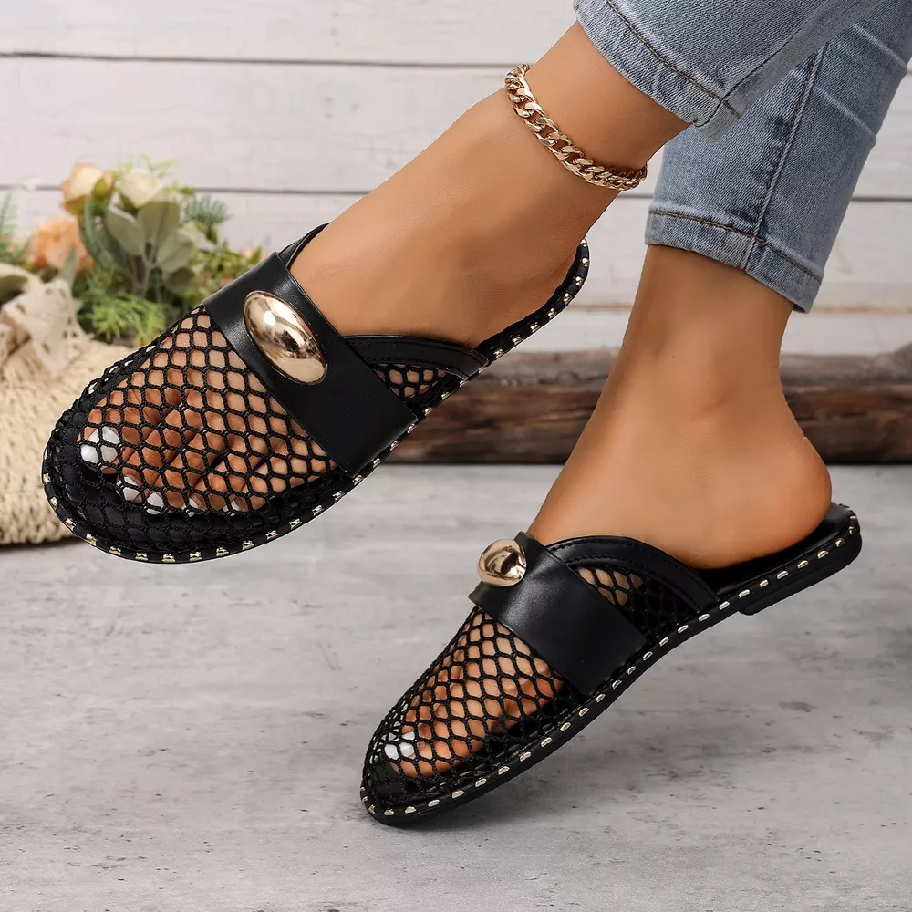 Mesh Hollow-Out Flat Sandals with Metallic Embellishment, image 8