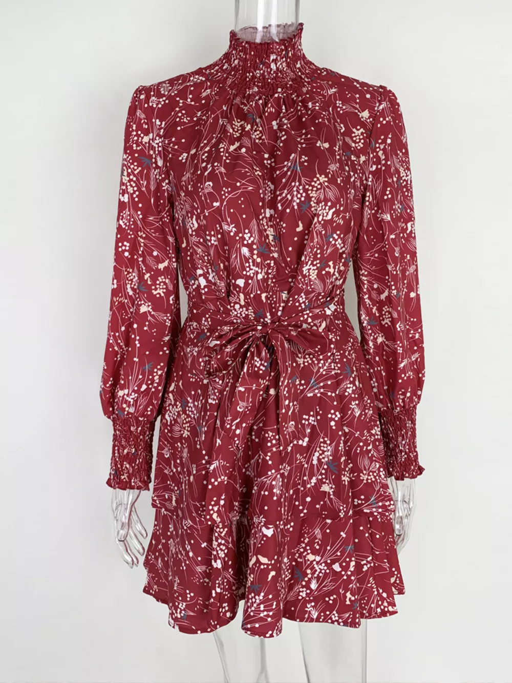 Plus Size Floral Print Mock Neck Long Sleeve Ruffle Hem Mini Dress, image 5