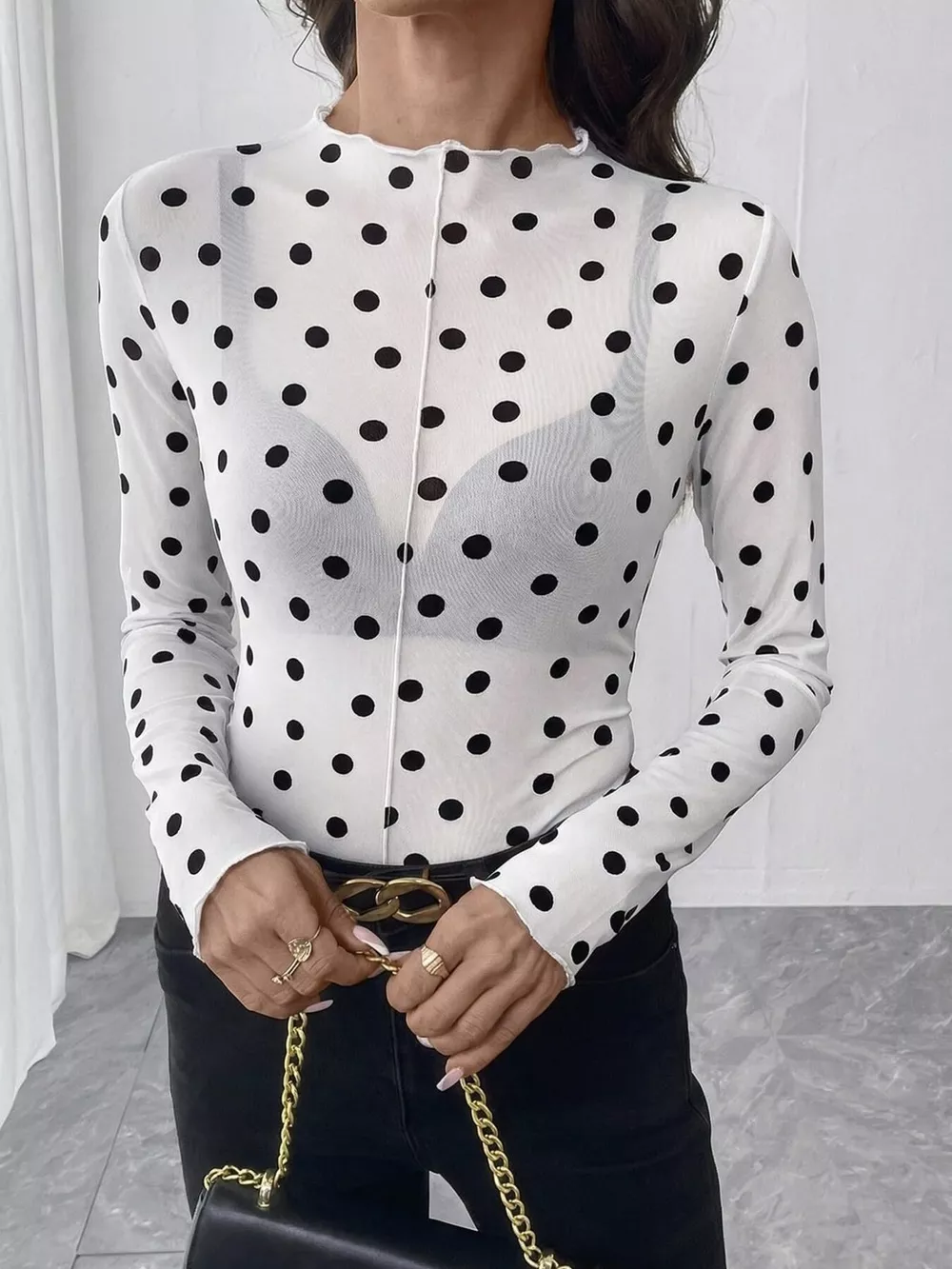 Sheer Polka Dot Long Sleeve Mock Neck Top, image 5