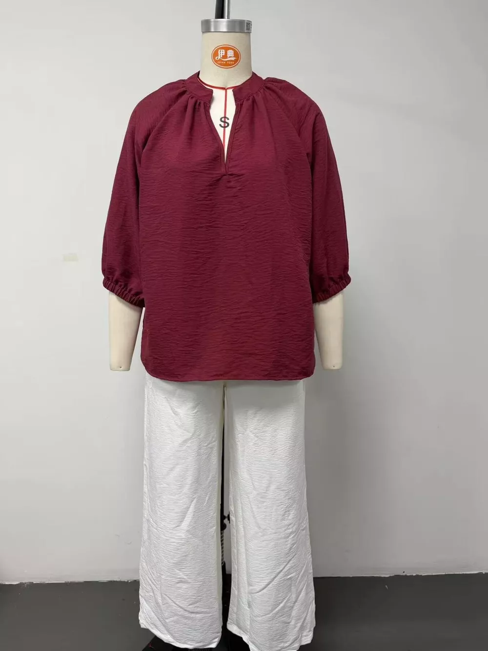 Notched Blouse and Wide-Leg Pants Set, image 3