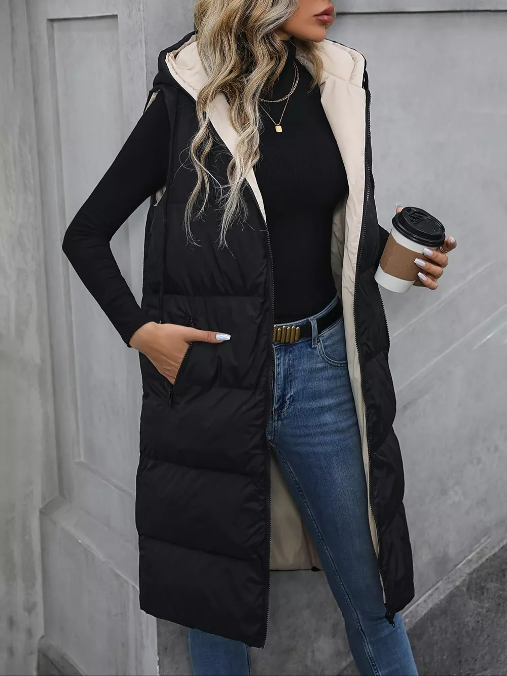 Longline Padded Hooded Vest Coat, image 3