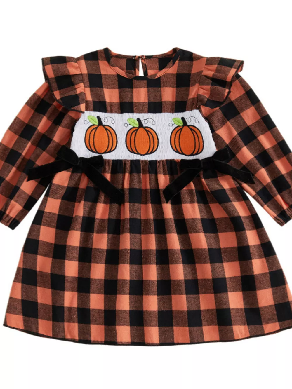 Children's Halloween Plaid Pumpkin Smocked Dress, image 3