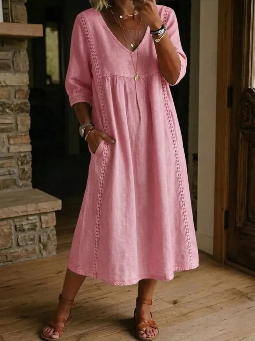 Full Size V-Neck 3/4 Sleeve Midi Dress Plus Size, image 9
