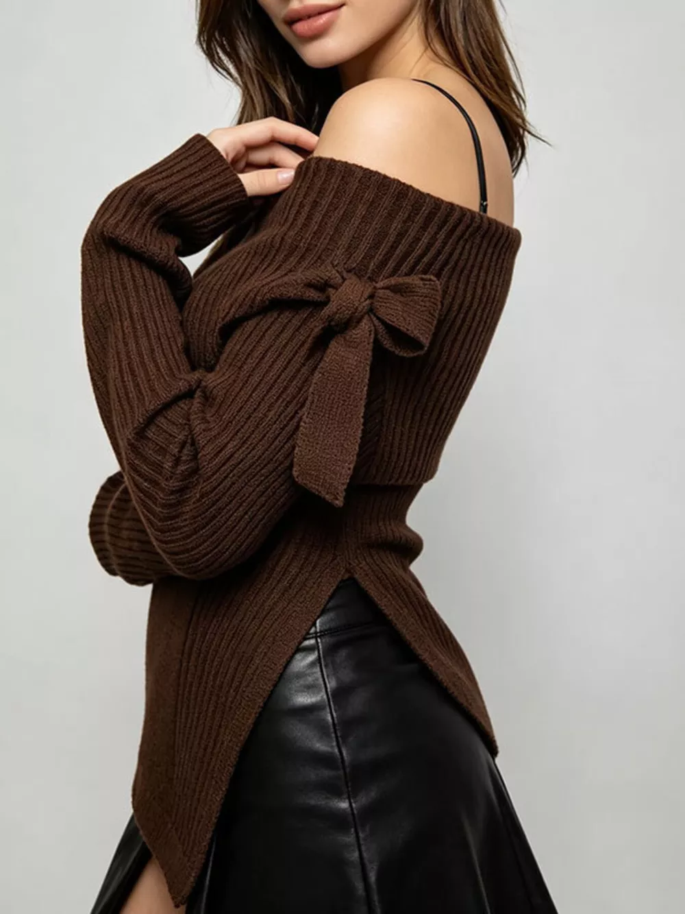 Off-Shoulder Ribbed Knit Top, image 4