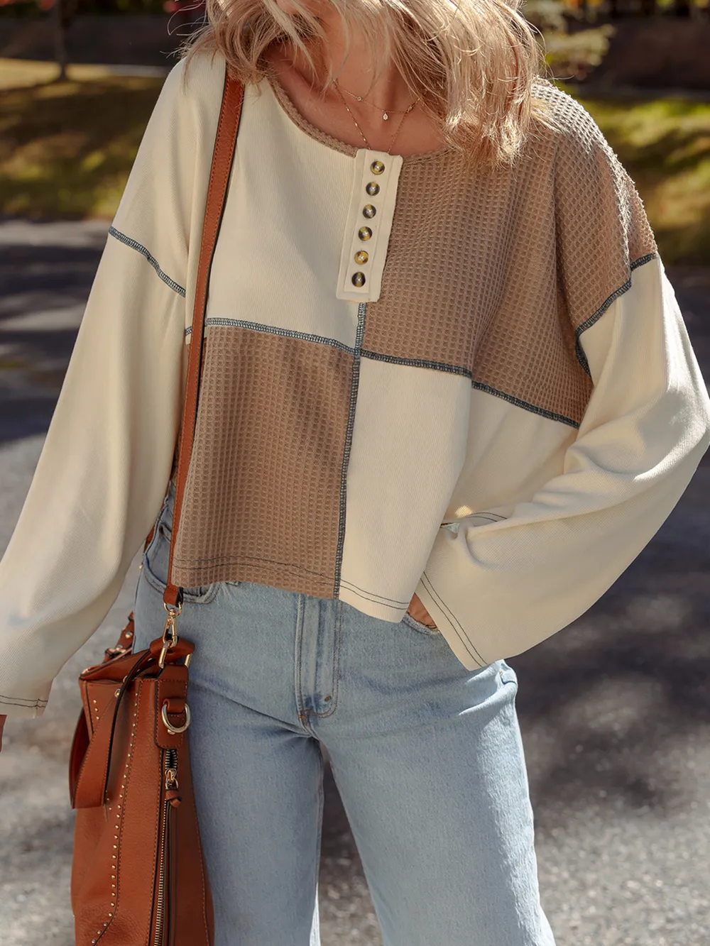 Color Block Waffle Knit Stitch Detail Long Sleeve Top, image 10
