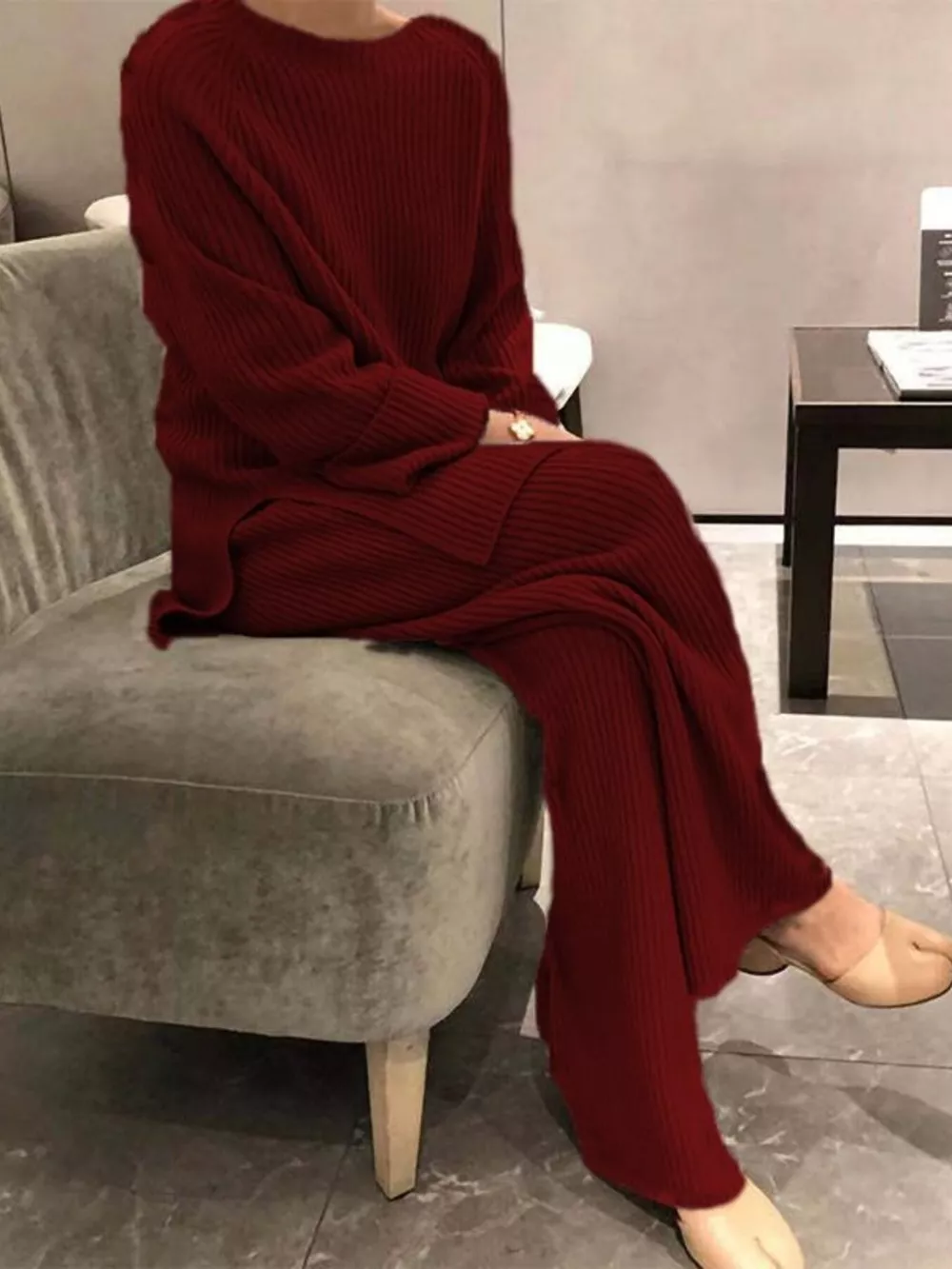 Full Size Ribbed Knit Relaxed Fit Top and Pants Sweater Set Plus Size, image 13