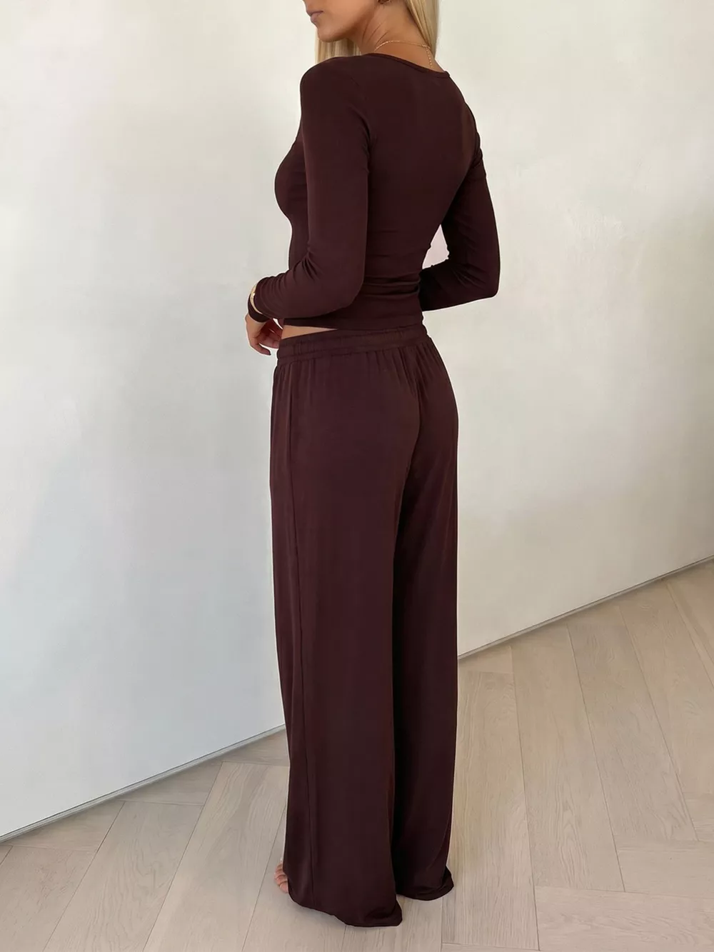 V-Neck Long Sleeve Top and Wide-Leg Pants Set, image 5