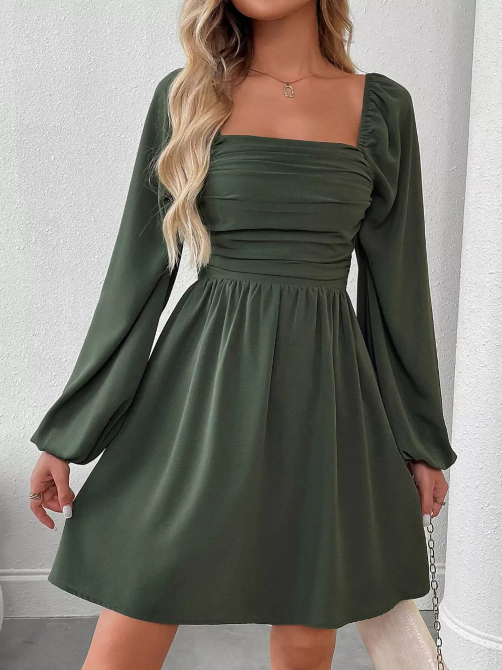 Ruched Square Neck Long Sleeve A-Line Dress, image 19