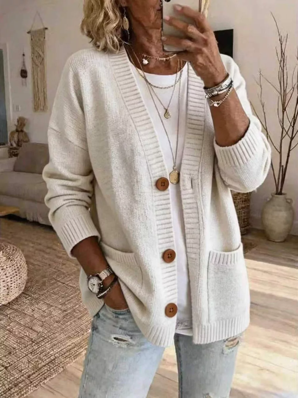 Casual V-Neck Button-Down Knit Cardigan with Pockets, image 3