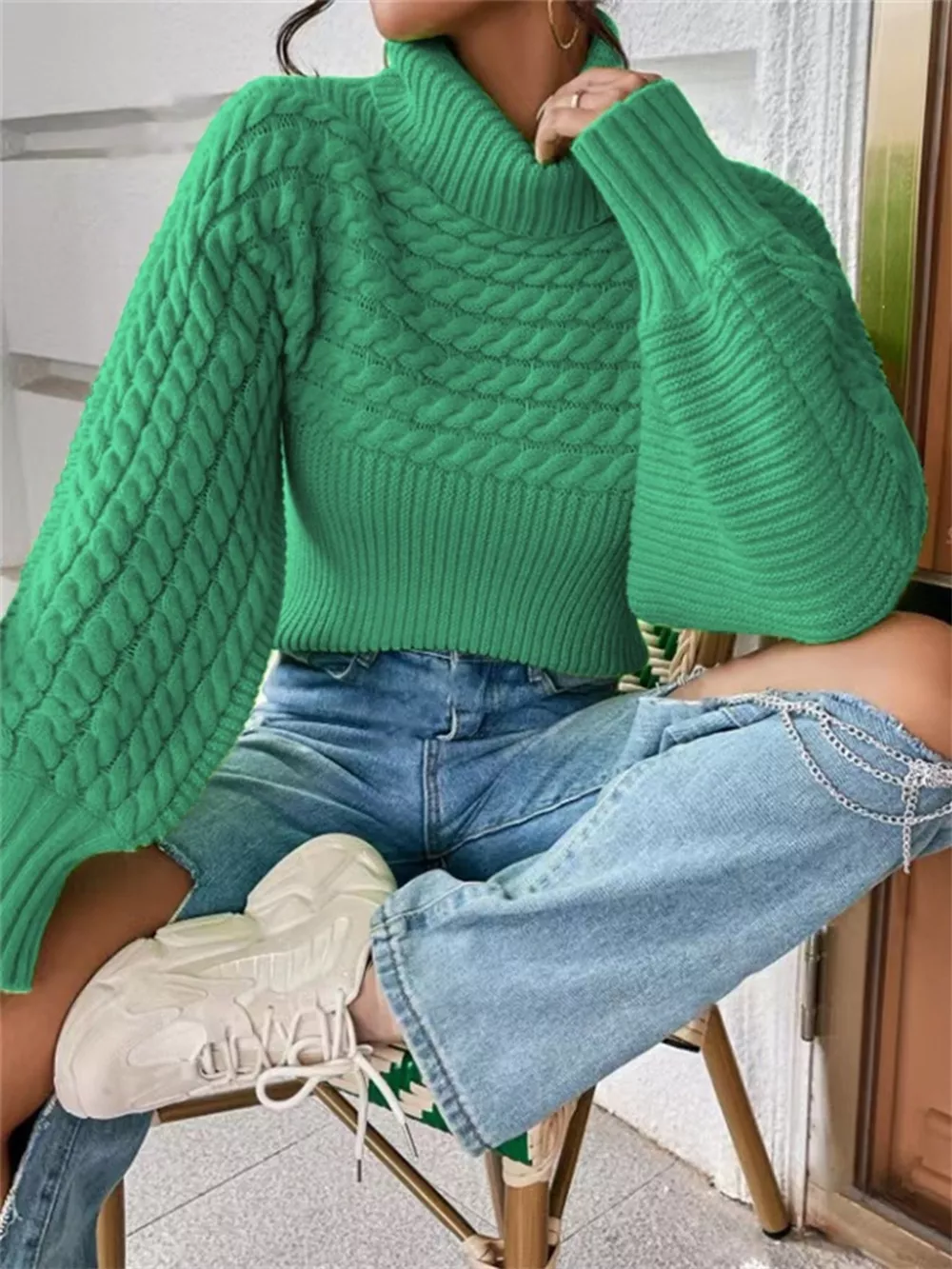 Textured Knit Turtleneck Long Sleeve Sweater, image 14