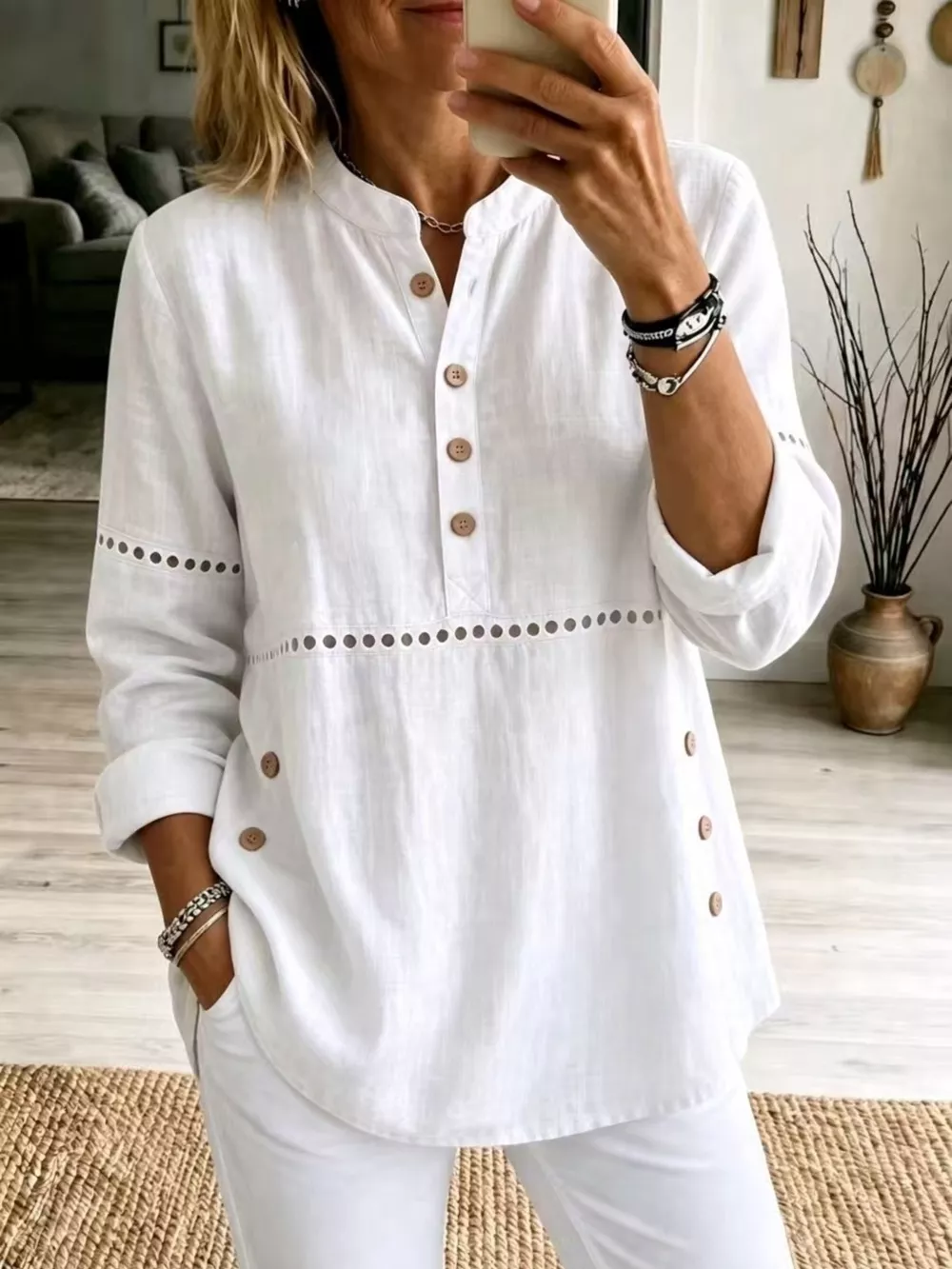 Full Size Button Detail Eyelet Long Sleeve Blouse Plus Size, image 2