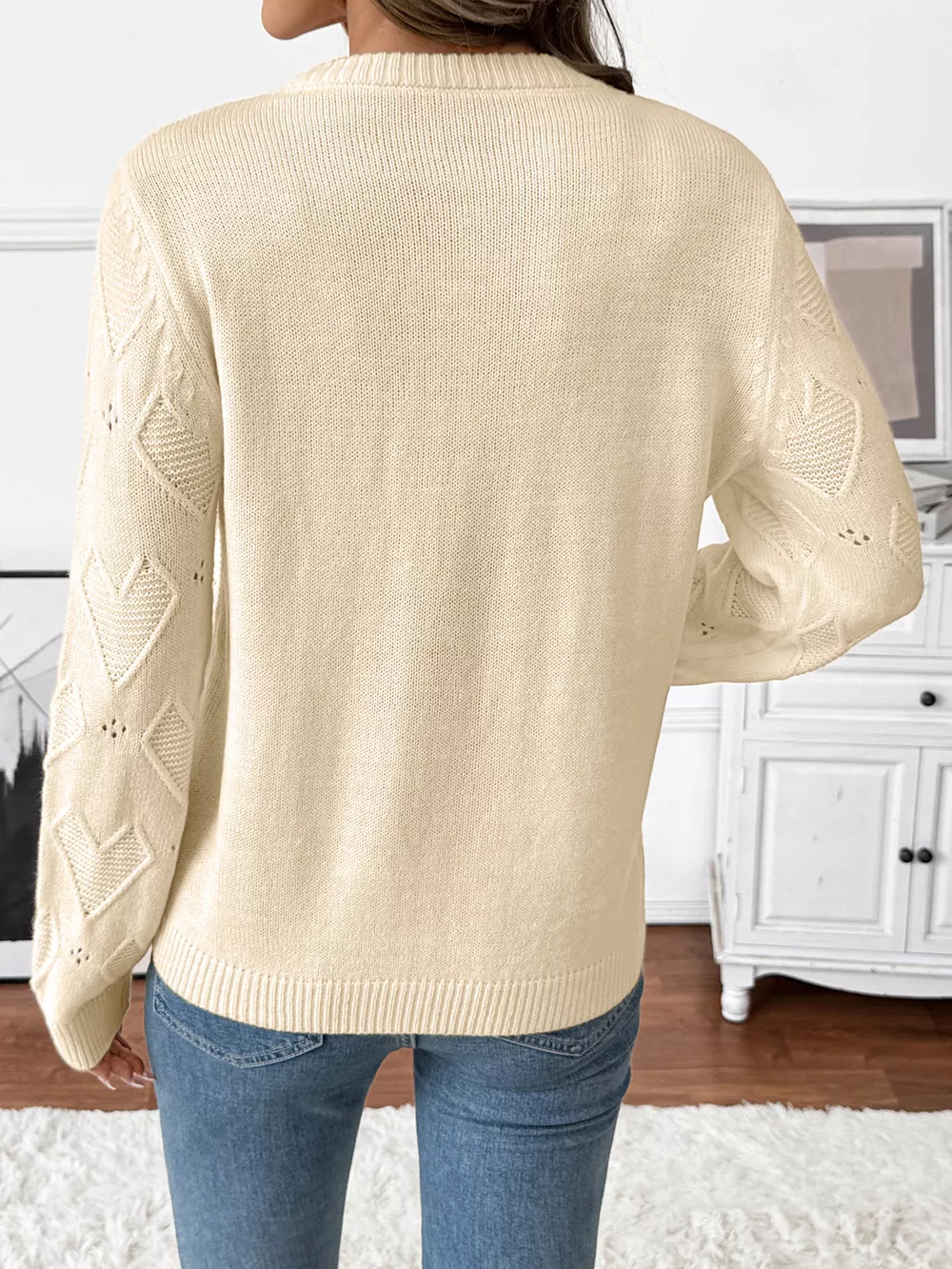 Openwork Heart Round Neck Sweater, image 7