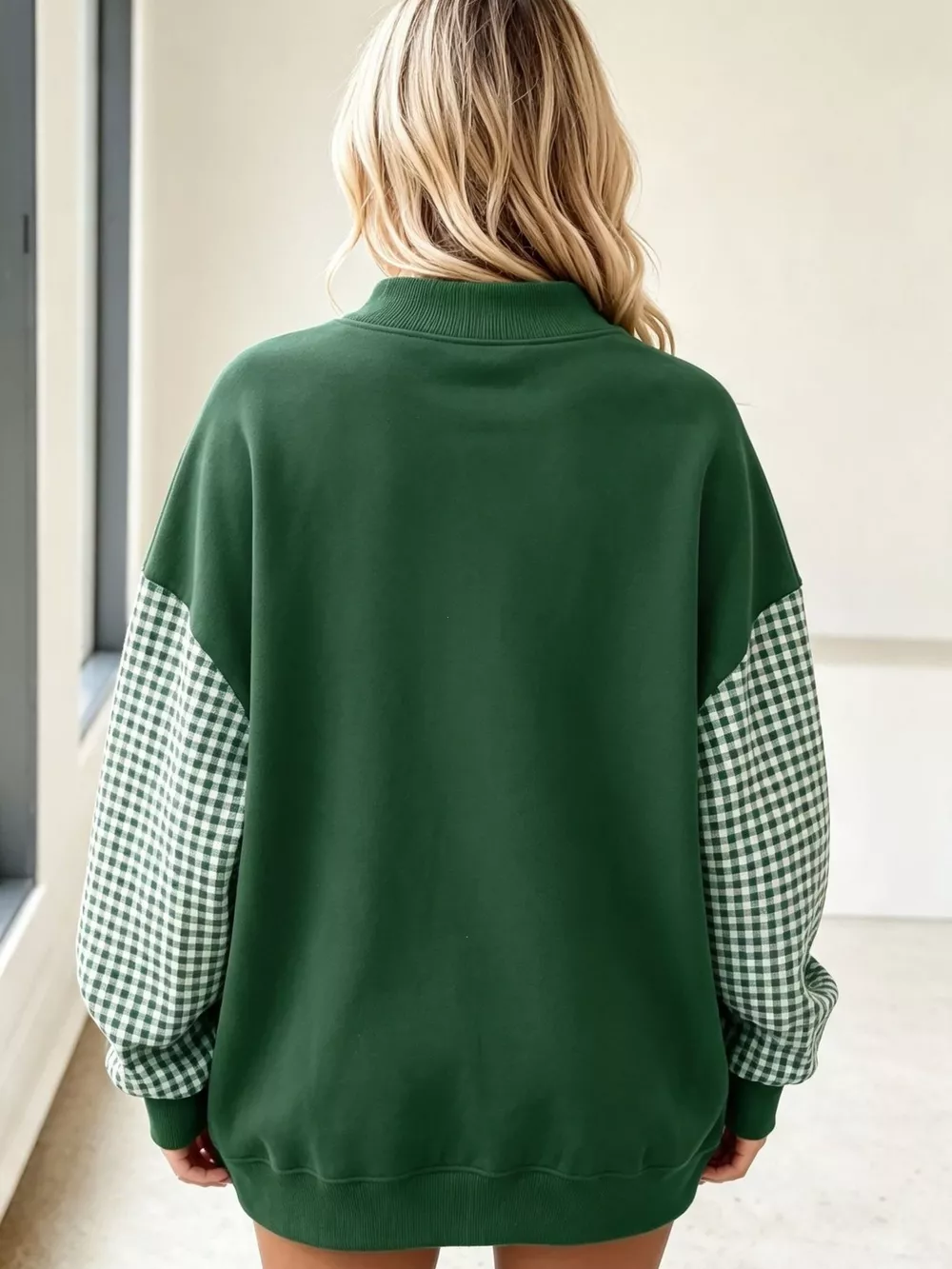 Gingham Sleeves Round Neck Sweatshirt, image 4