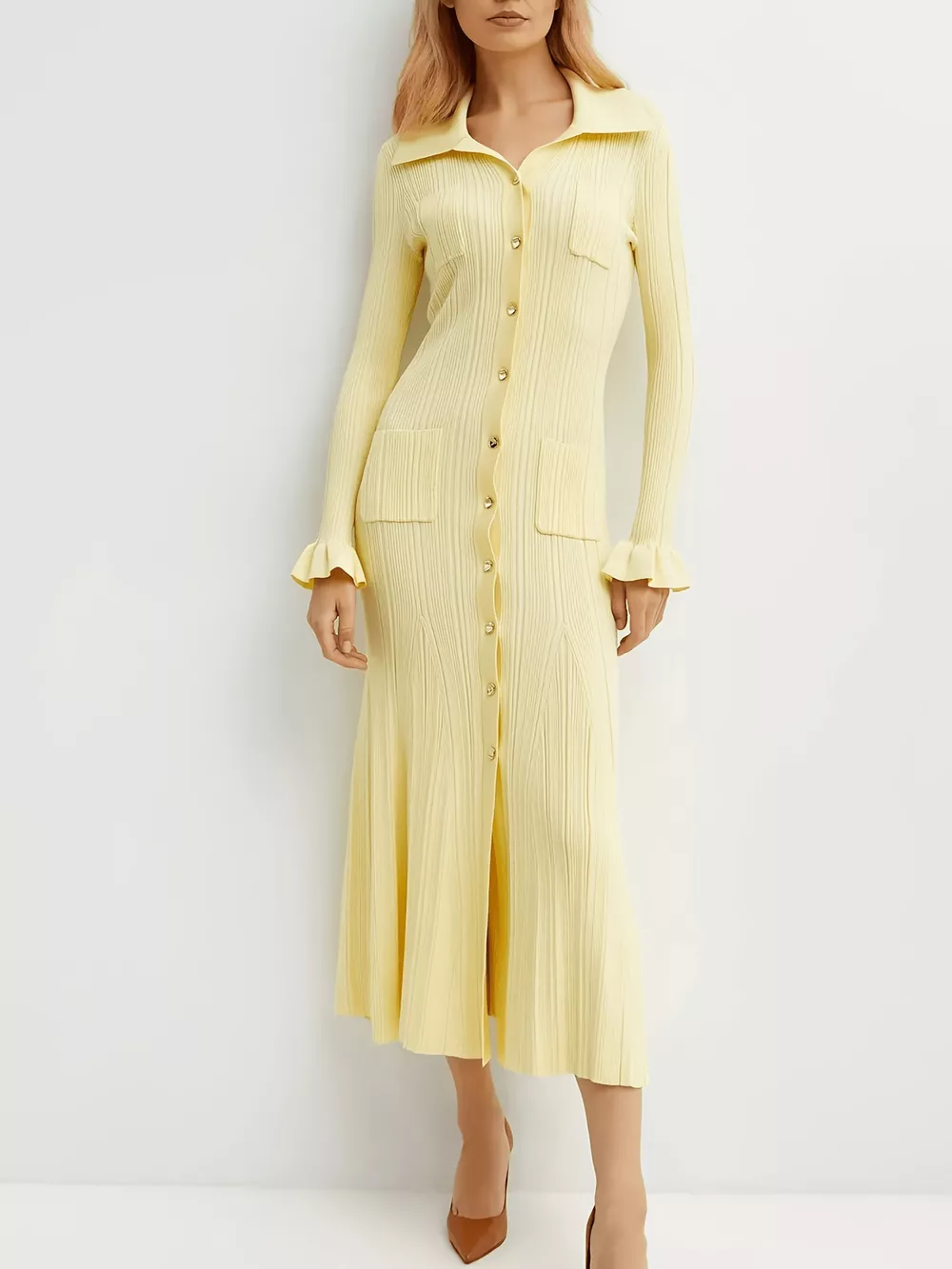 Button-Down Flounce Sleeve Sweater Dress, image 4