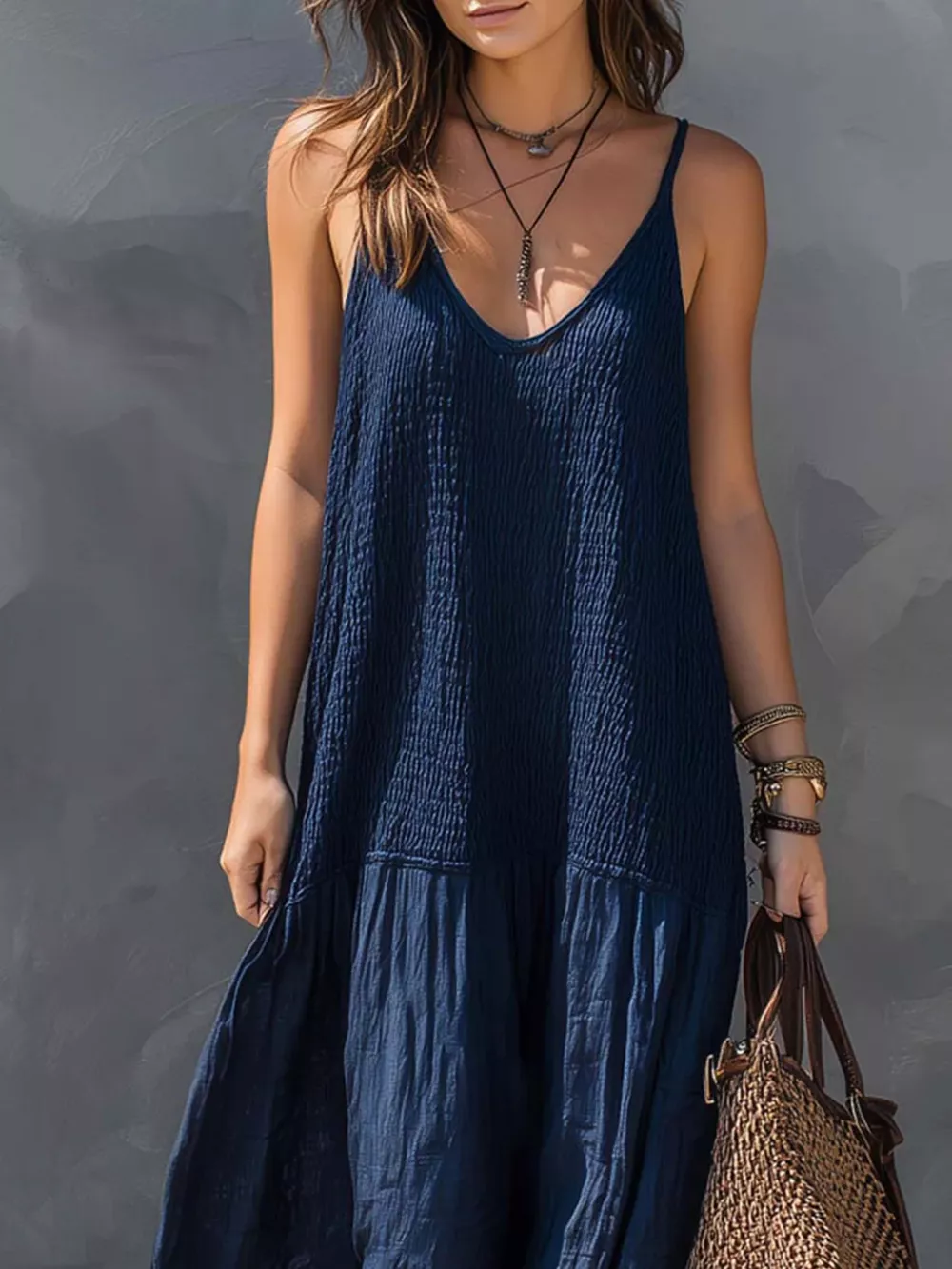 Sleeveless Smocked V-Neck Casual Maxi Dress, image 3