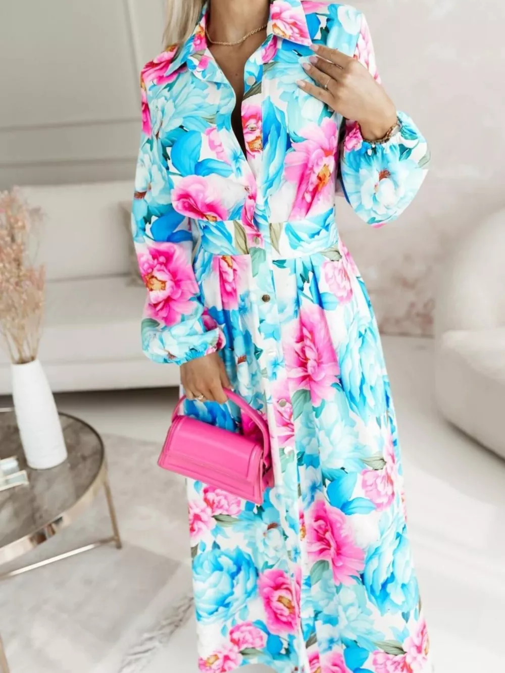 Printed Button Front Maxi Shirt Dress, image 19