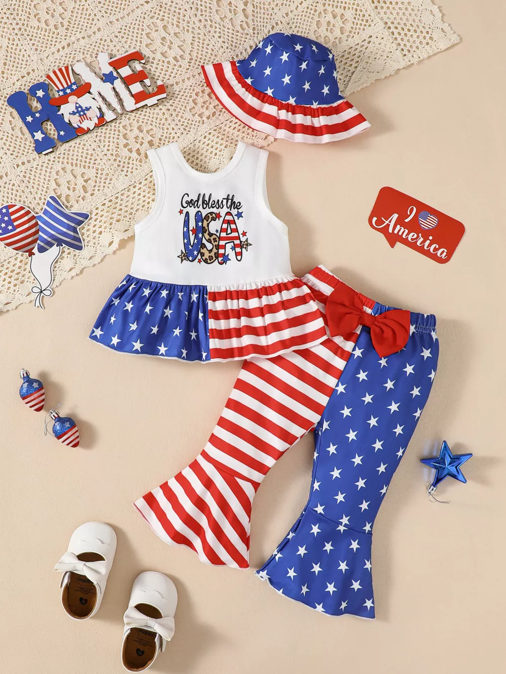 Children's Patriotic Tank and Pants Outfit Set with Hat, image 2
