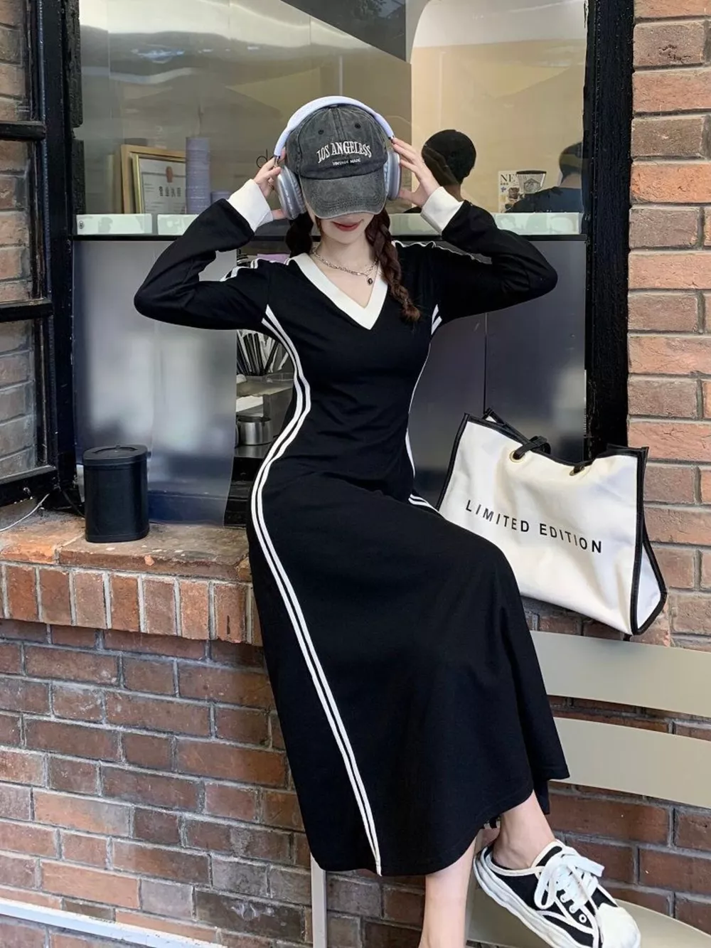 Plus Size V-Neck Long Sleeve Bodycon Midi Dress with Side Stripes