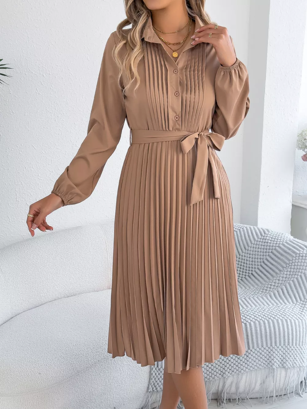Pleated Tie Waist Balloon Sleeve Dress, image 13