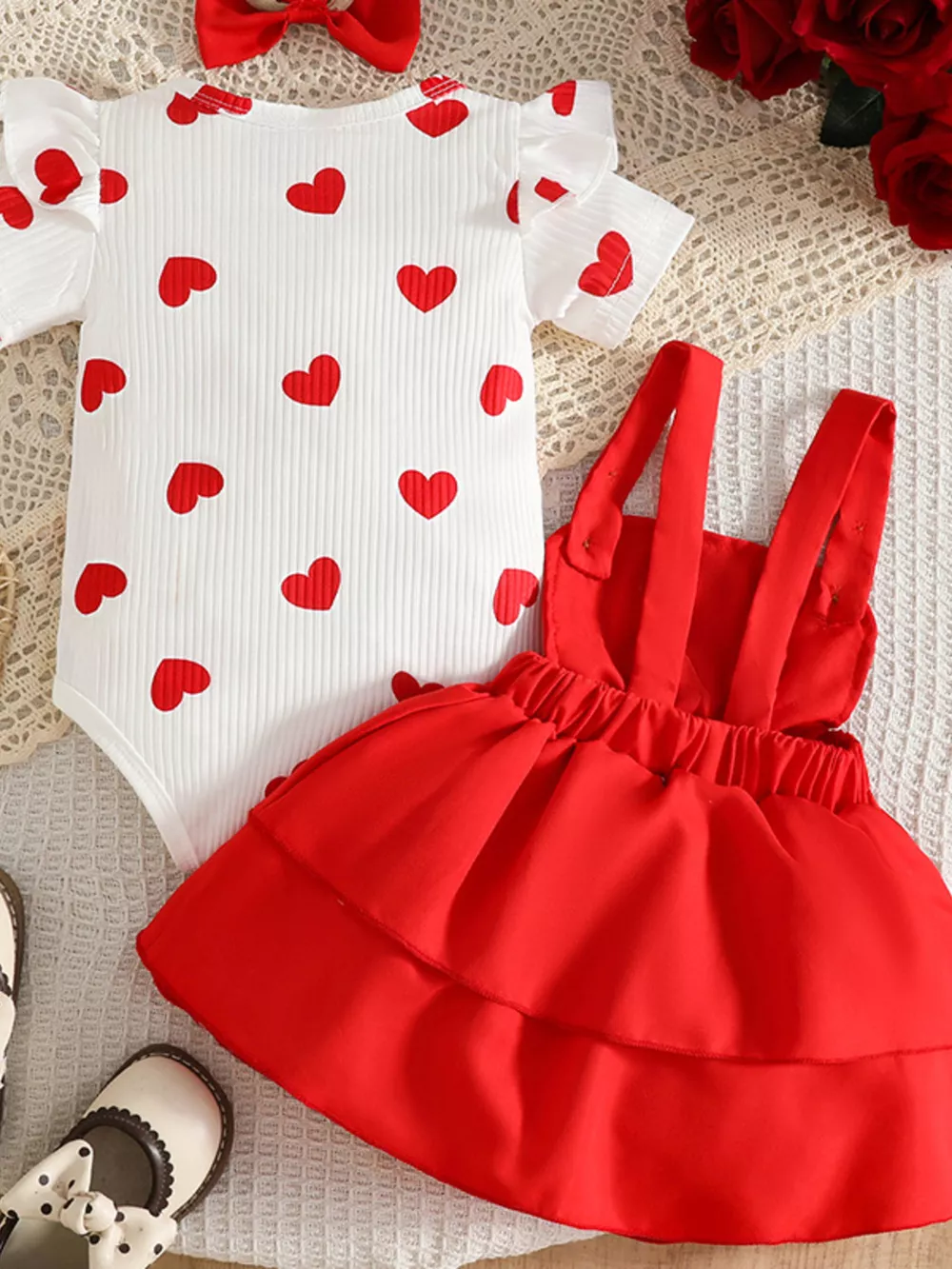 Children's Heart Print Ruffle Trim Bodysuit and Dress Set with Headband, image 6