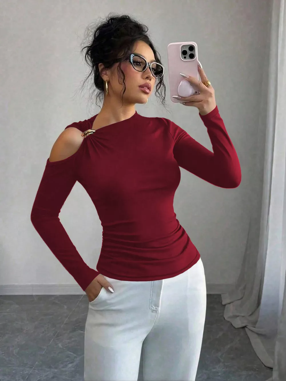 Cutout One-Shoulder Long Sleeve T-Shirt, image 10