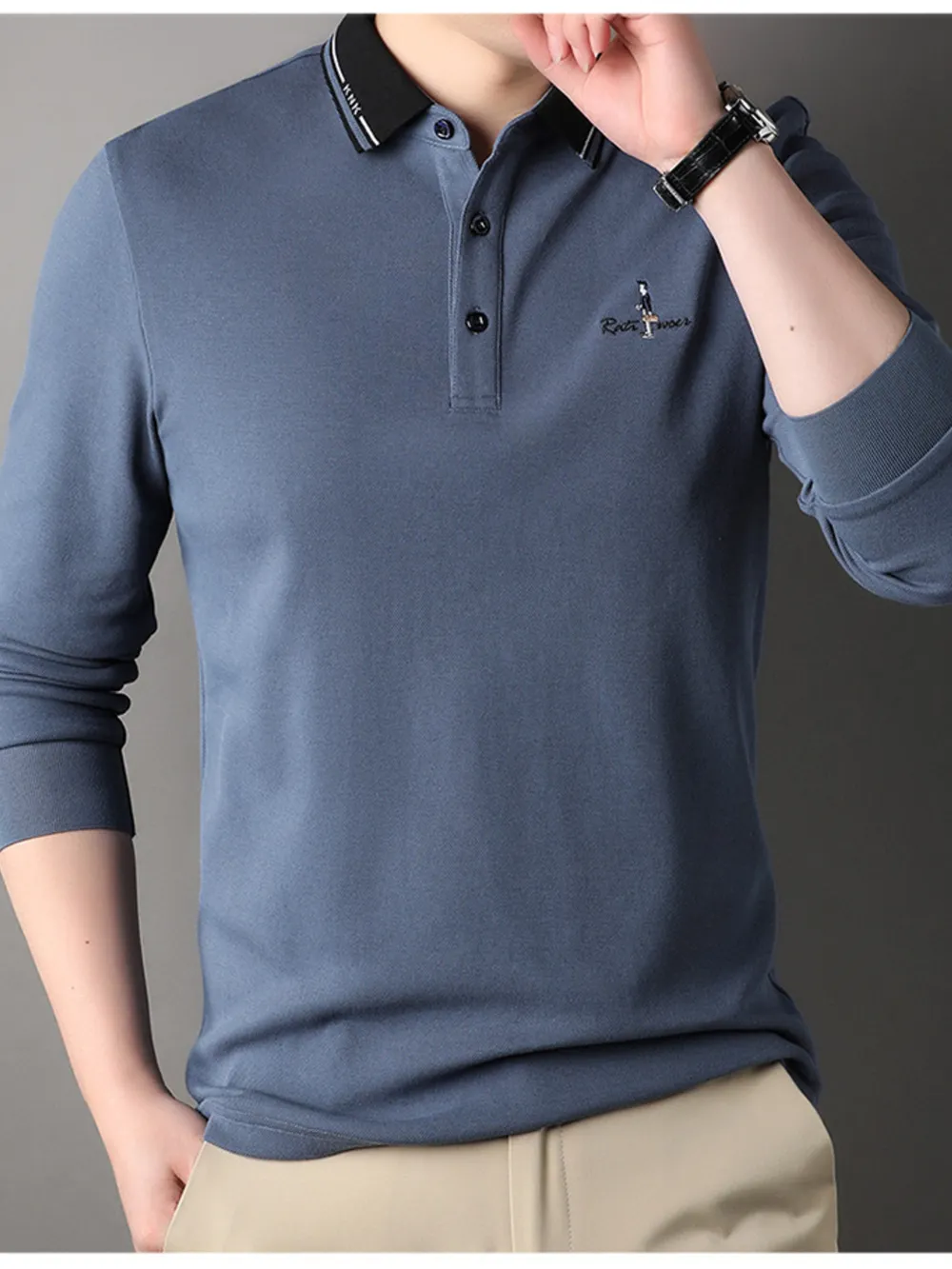 Men's Plus Size Button Detail Long Sleeve Polo, image 2