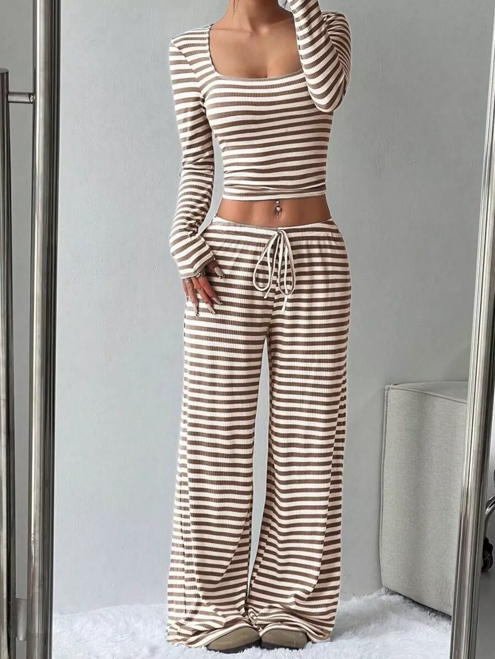 Striped Long Sleeve Crop Top and Wide Leg Pants Set, image 17