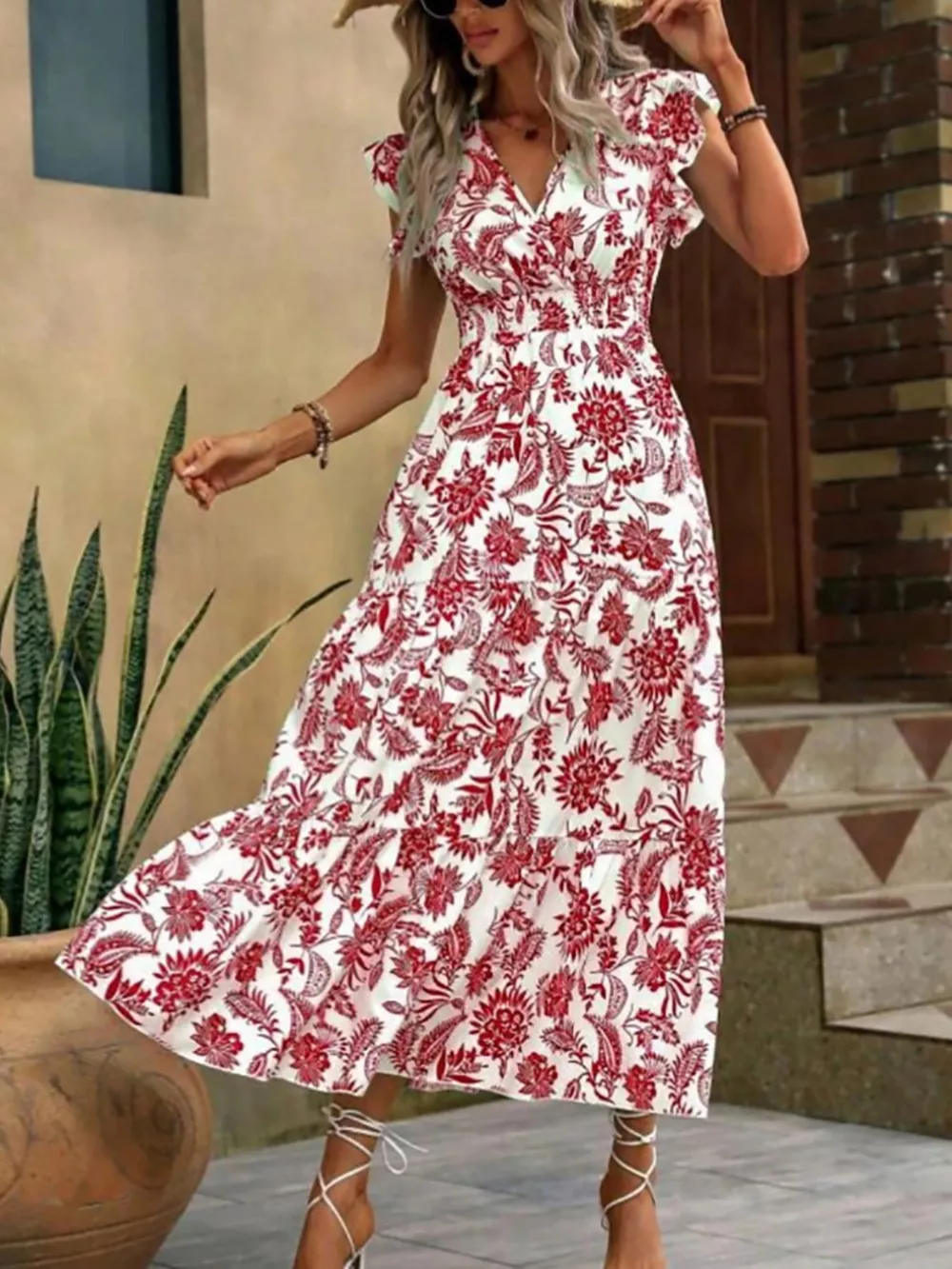 Floral Print Ruffle Sleeve Midi Dress, image 9