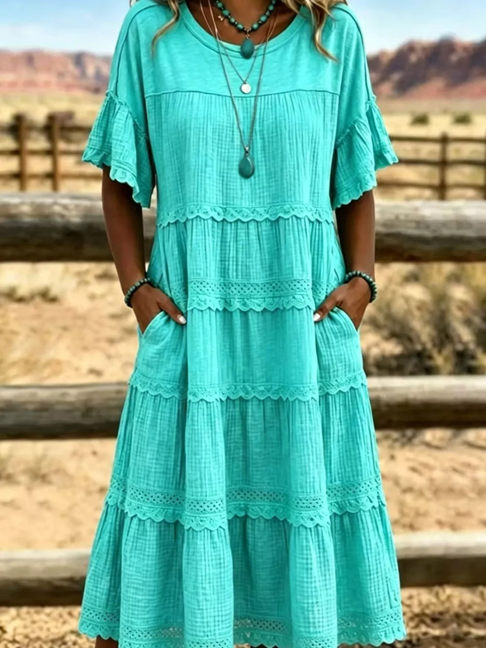 Full Size Tiered Ruffle Sleeve Midi Dress with Pockets Plus Size, image 11
