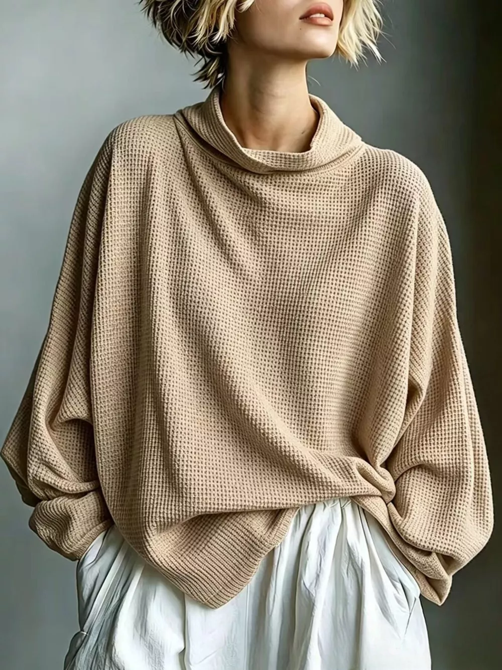 Full Size Oversized Waffle Knit Mock Neck T-Shirt Plus Size, image 9