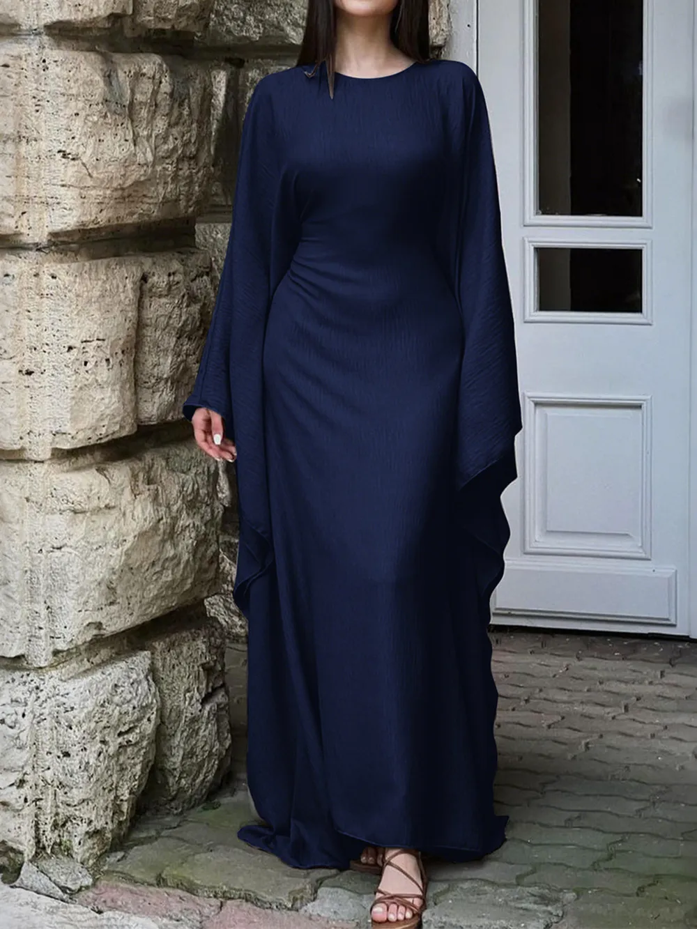 Round Neck Maxi Dress with Flowing Cape Sleeves