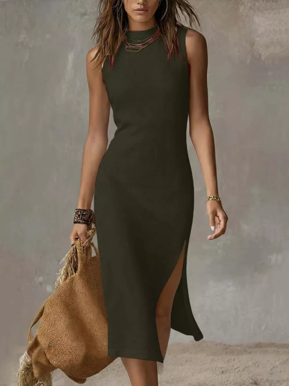 Full Size Sleeveless Mock Neck Slit Midi Dress Plus Size, image 3