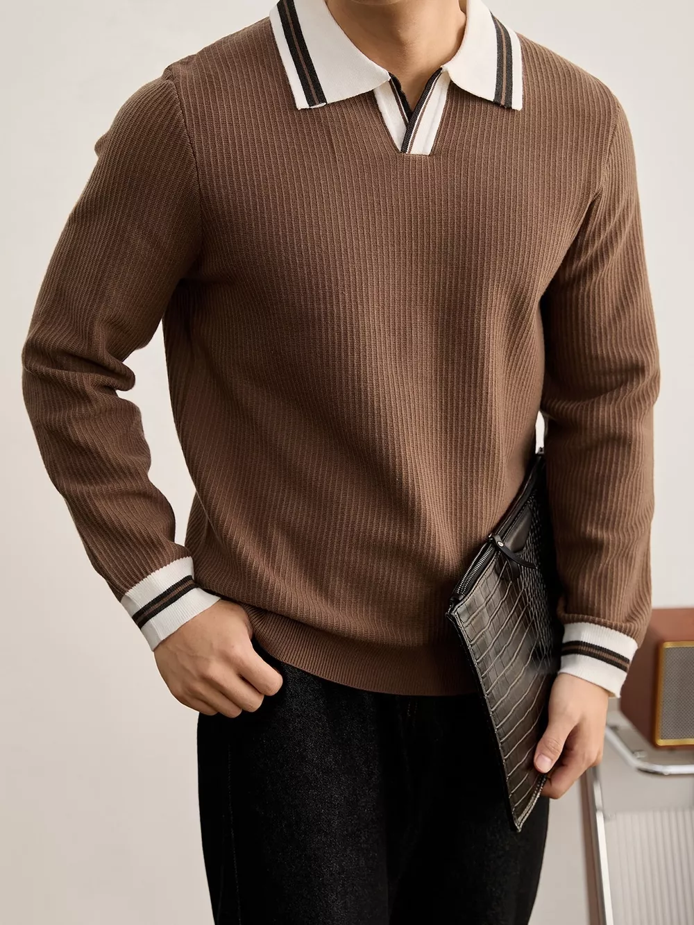 Men's Plus Size Contrast Trim Polo Collar Ribbed Knit Sweater, image 3