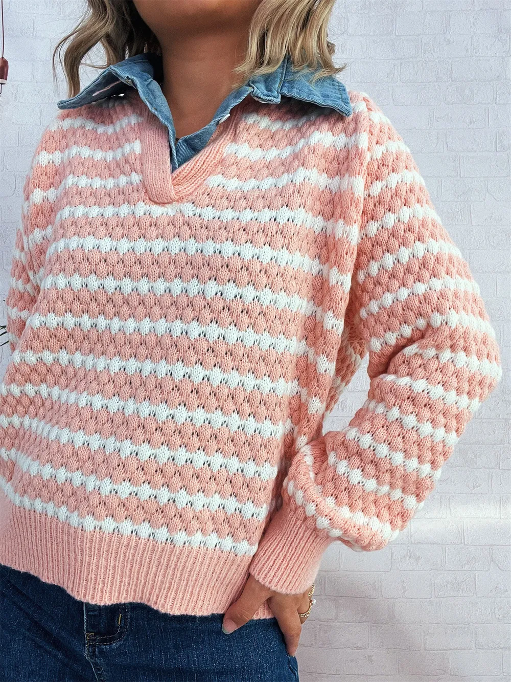 Contrast Striped Sweater with Denim Collar, image 25