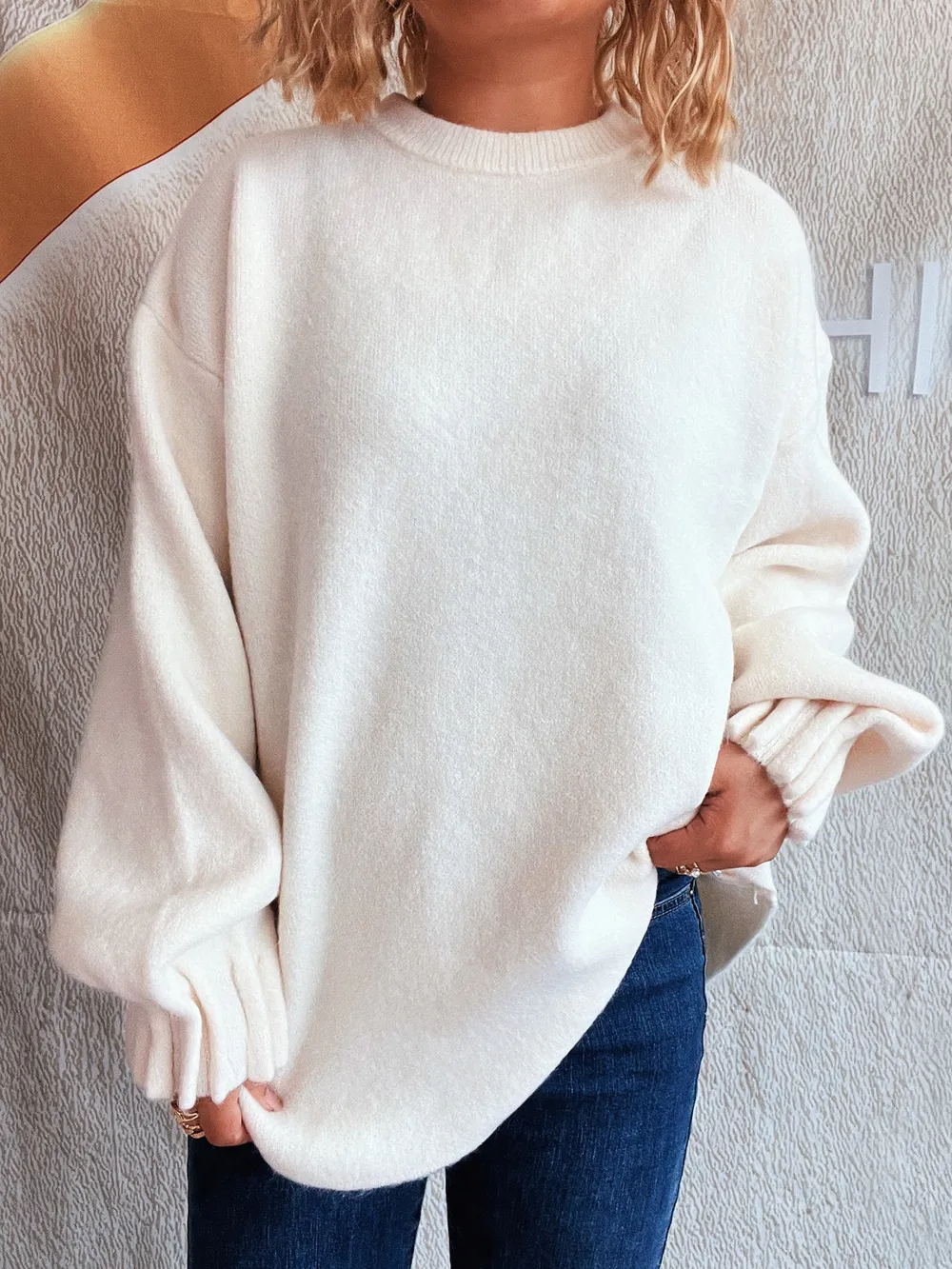 Round Neck Dropped Shoulder Sweater, image 3