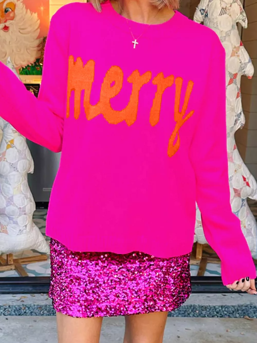 Merry Print Ribbed Trim Round Neck Loose Fit Sweater