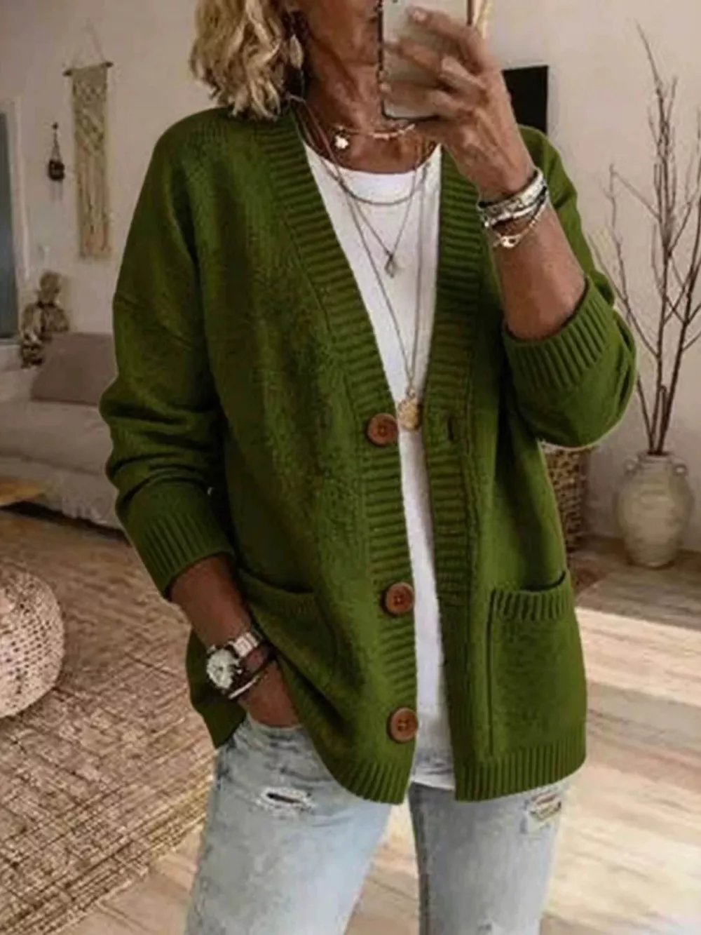 Casual V-Neck Button-Down Knit Cardigan with Pockets, image 5