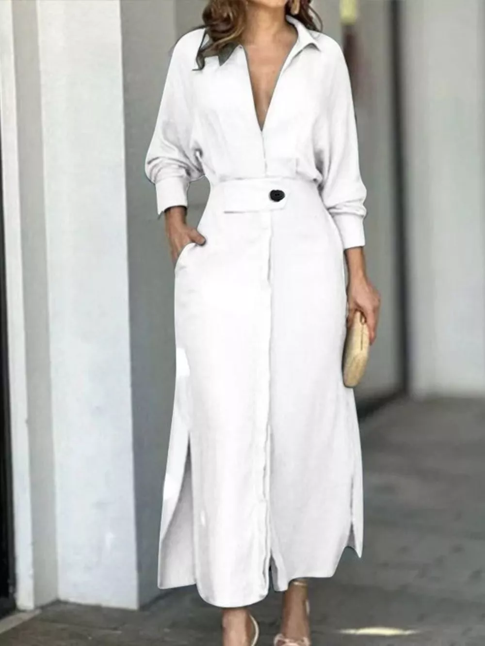 Side Slit Long Sleeve Shirt Dress, image 8