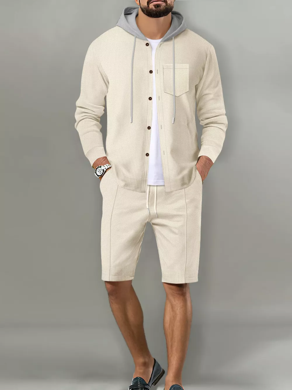 Men's Full Size Casual Hooded Button-Up Top and Shorts Set Plus Size, image 21