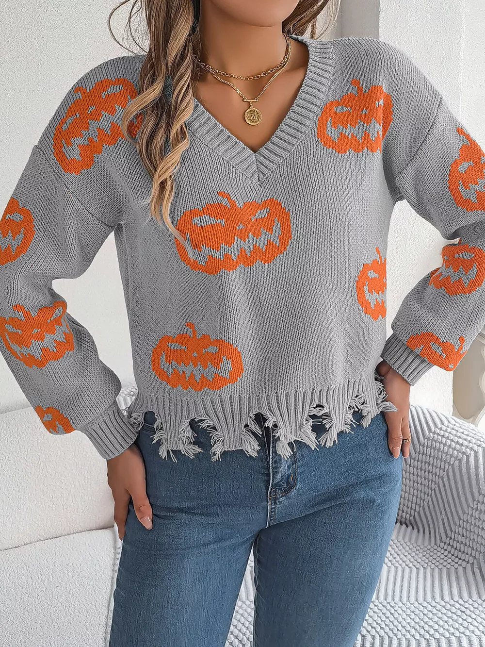 Halloween Pumpkin Pattern Raw Hem V-Neck Sweater, image 7
