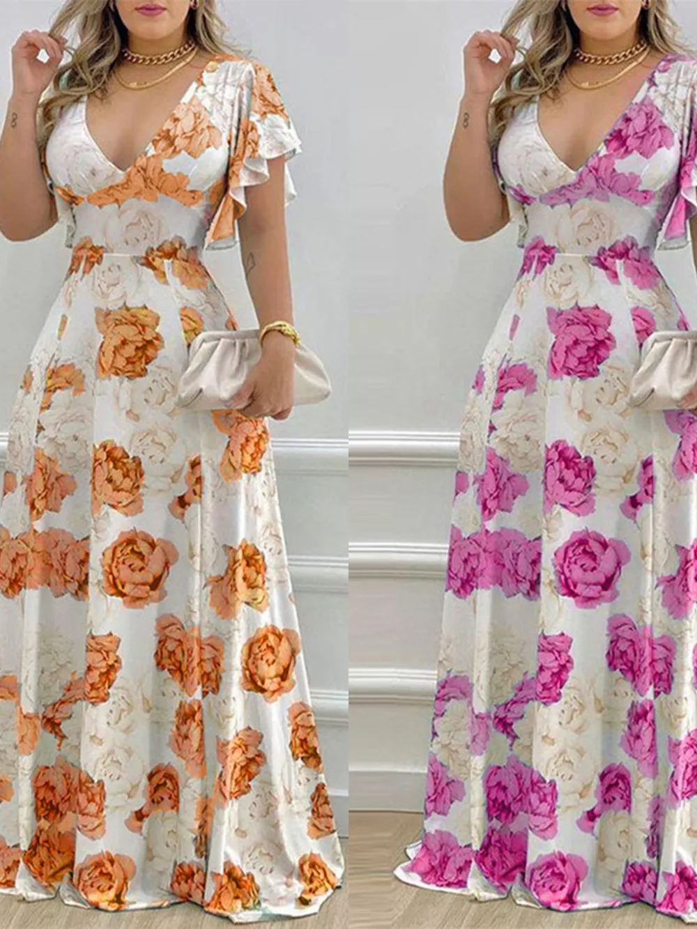 Floral Print V-Neck Ruffle Sleeve Maxi Dress, image 13
