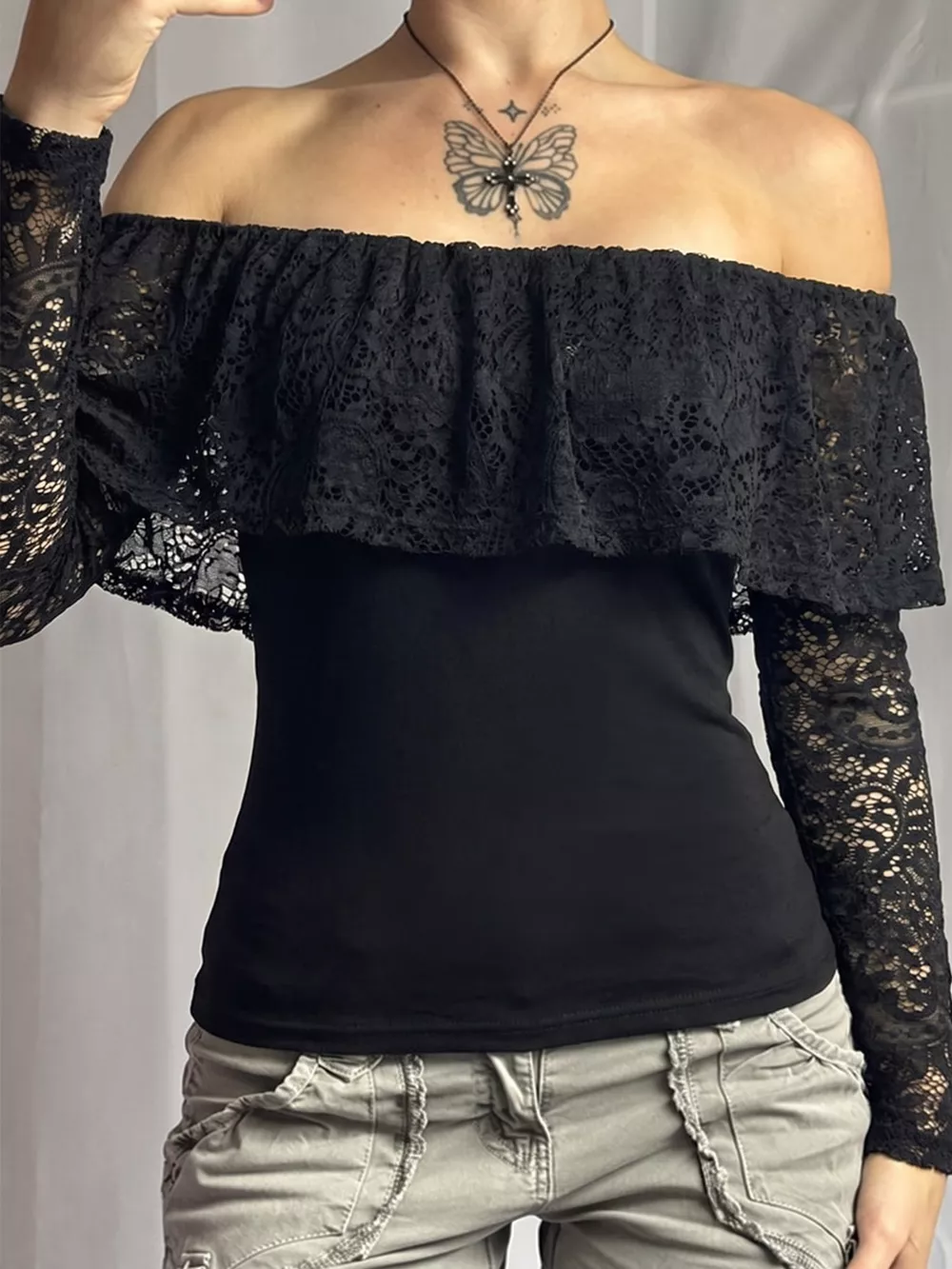 Off-Shoulder Lace Trim Long Sleeve T-Shirt, image 3