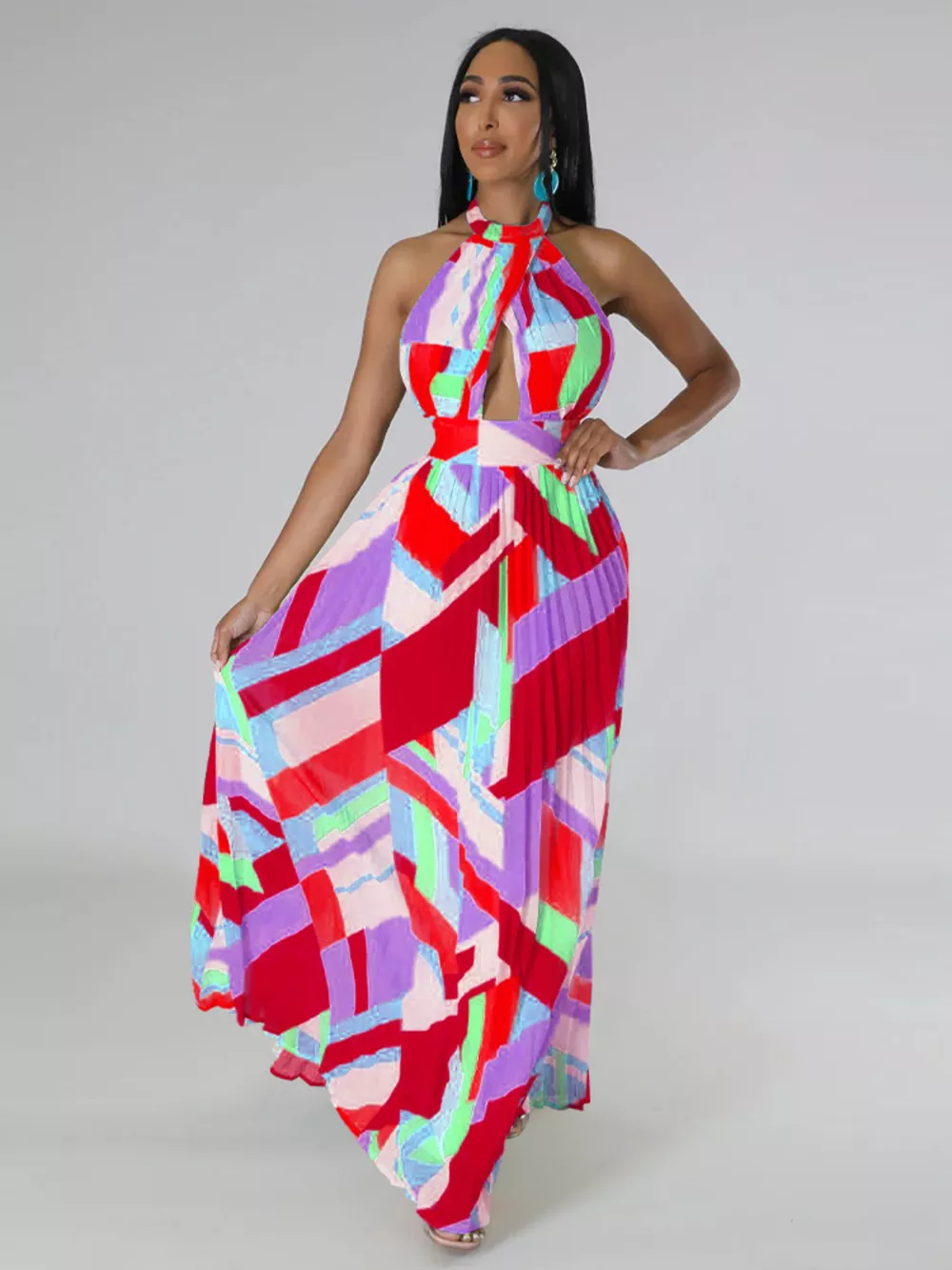 Halter Neck Geometric Print Pleated Maxi Dress, image 3
