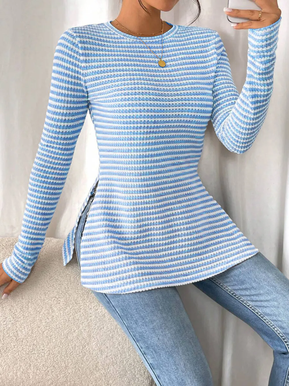 Side Slit Striped Long Sleeve T-Shirt, image 5